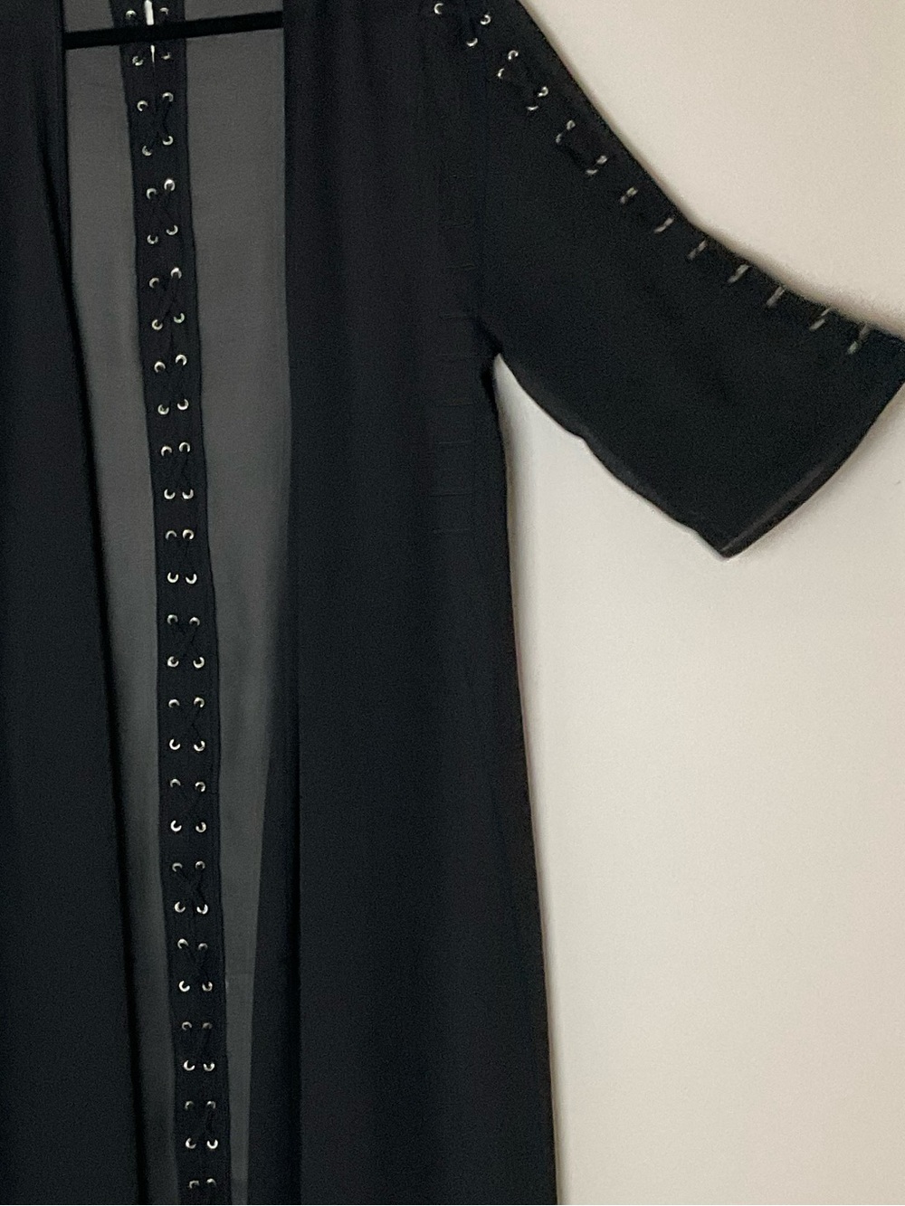 torrid Black Sheer Open-Front Kimono Lace-Up Trim Goth Whimsygoth Witchty 00/0 - Picture 3 of 8